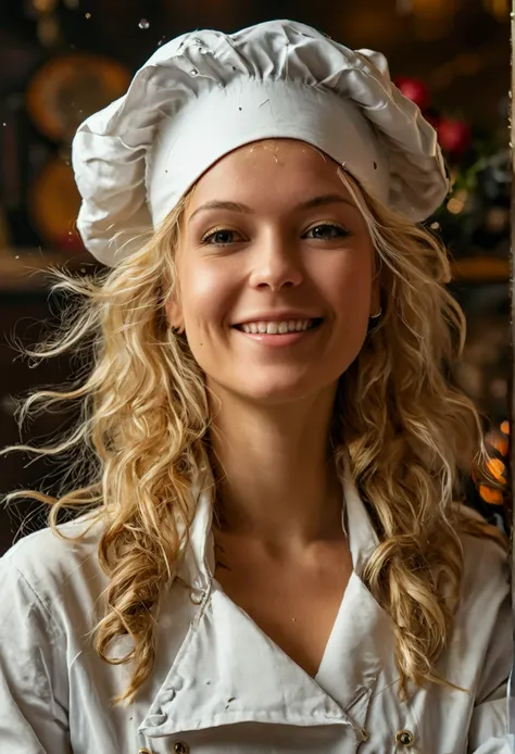 Blonde woman in apron holding a plate of food in front of a stove - SeaArt  AI