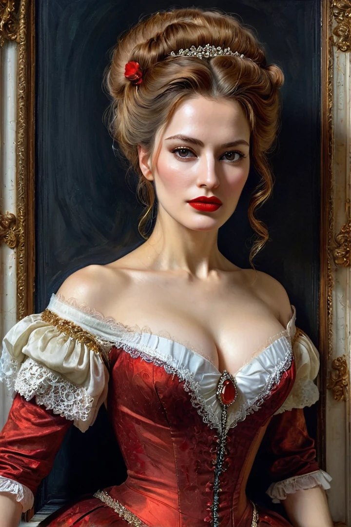 Neo-Baroque, victorian era hungarian female xix century female, hazel hair, red lips, pretty features, Wadim Kashin, James Gurney, Ink, splash art", amazing beauty, Royo, Bak, hyperdetailed Splash artmodern European ink paintingornate and elaborate, dynamic, Neo-Baroque