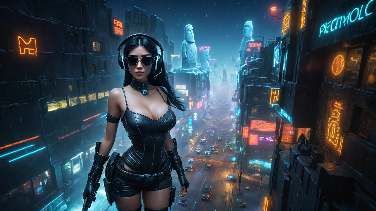 At night, dark sky, distant shot aerial view of fantasy cyberpunk style ice ((Moai-statue)) city, ((flying vehicle)). ((1girl, solo, alone)), medium-breast:1.1 slim body, cleavage, sexy clothes, (headphone, black sunglasses, long black realistic hair), (((hip-up standing and holding pistol))), half-body thigh level medium shot, cinematic lighting.