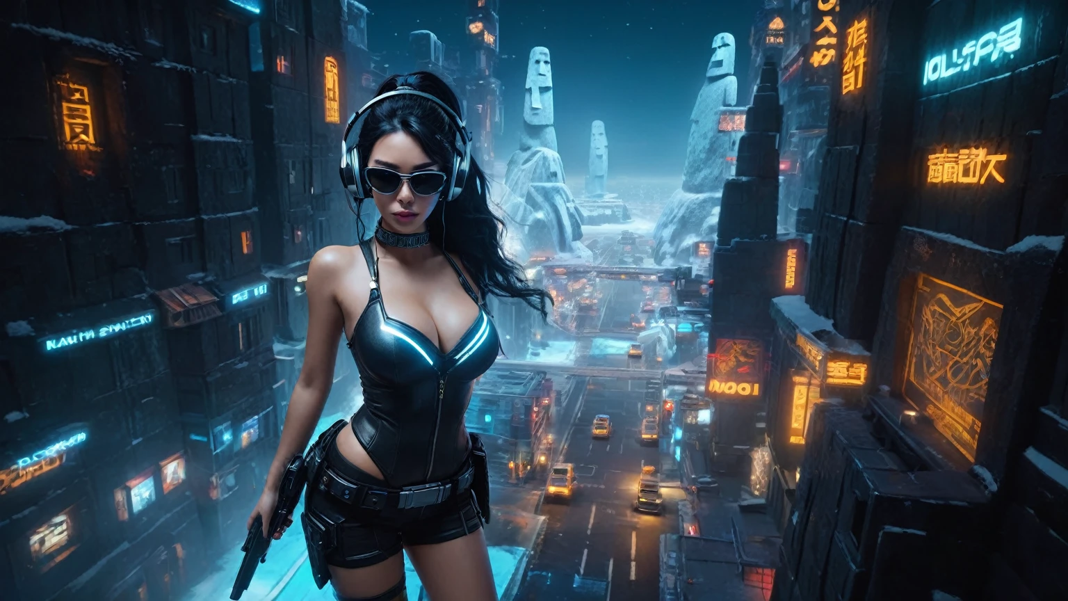 At night, dark sky, distant shot aerial view of fantasy cyberpunk style ice ((Moai-statue)) city, ((flying vehicle)). ((1girl, solo, alone)), medium-breast:1.1 slim body, cleavage, sexy clothes, (headphone, black sunglasses, long black realistic hair), (((hip-up standing and holding pistol))), half-body thigh level medium shot, cinematic lighting.