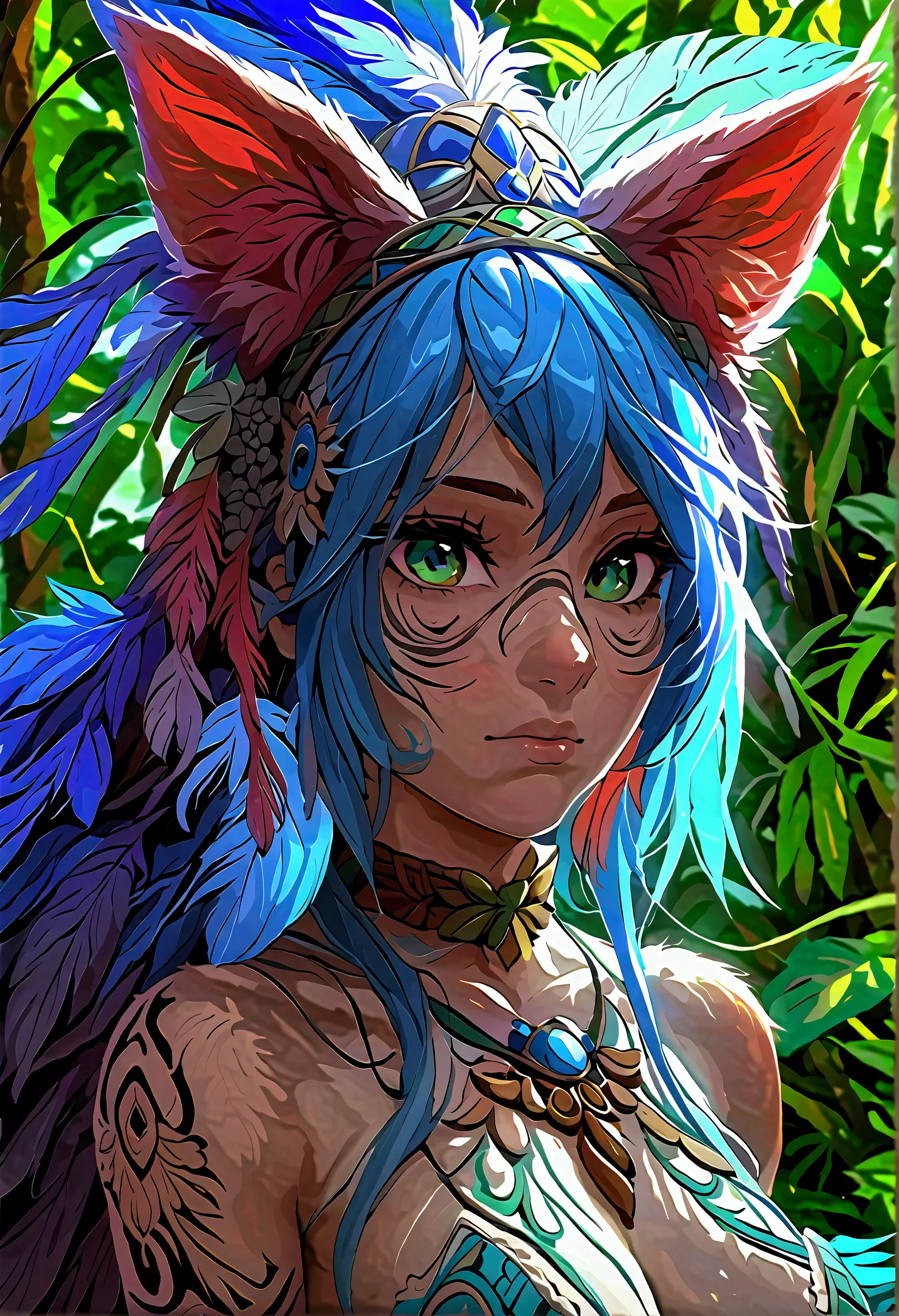 Miku Hatsune, add high definition add_detail:1, blue fur,kitsune ears, tribal tattoo add_detail:1, in ruins in the jungle, baref...