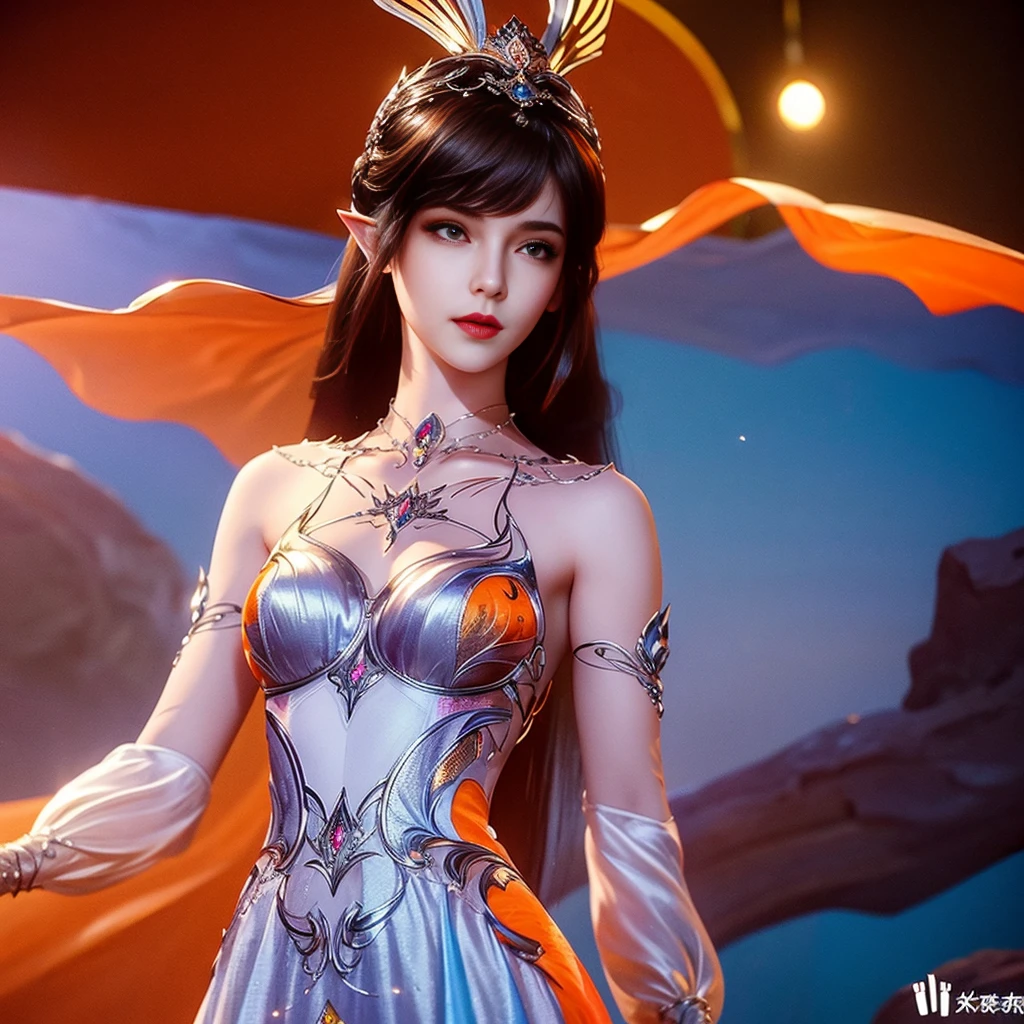 8k, masterpiece, a close up of a woman in a orange dress, perfect front body, bare thigh, ((very long hair)), a beautiful fantasy empress, ((orange fantasy dress:1.5)), beautiful fantasy maiden, fantasy art style, trending on cgstation, beautiful and elegant elf queen, beautiful maiden, shining skin, intricate ornate anime cgi style, ((a beautiful fantasy orange empress)), beautiful alluring Realistic woman, shining skin, in the park, sun shining, Realistic shadow, award winning pose,