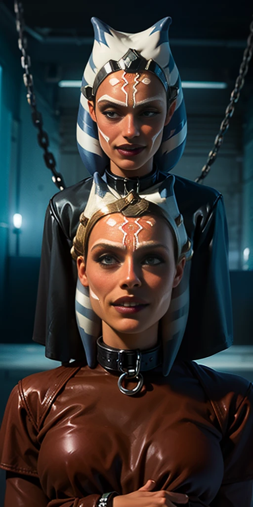 Latex ahsoka lustful smirking smile red blush red cheeks, chain leash, hands behind the head, kneeling, shackles, leather black collar slave, 2 high ponytails , orgasm_face cum