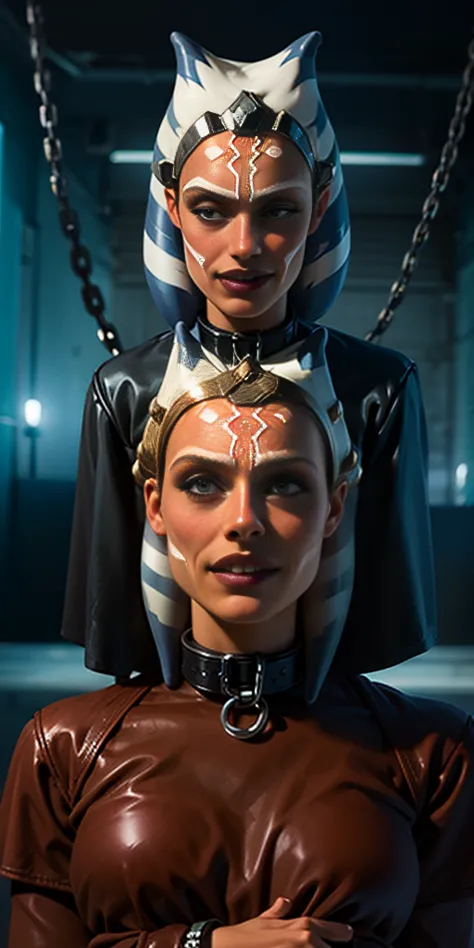 Latex ahsoka lustful smirking smile red blush red cheeks, chain leash, hands behind the head, kneeling, shackles, leather black ...