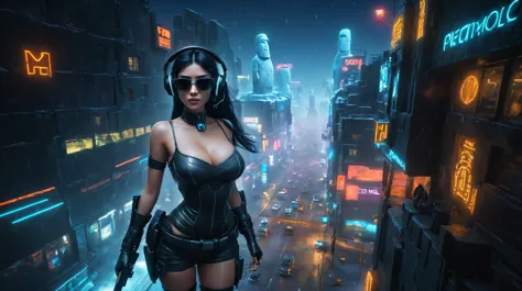 at night, dark sky, distant shot aerial view of fantasy cyberpunk style ice ((moai-statue)) city, ((flying vehicle)). ((1girl, s...