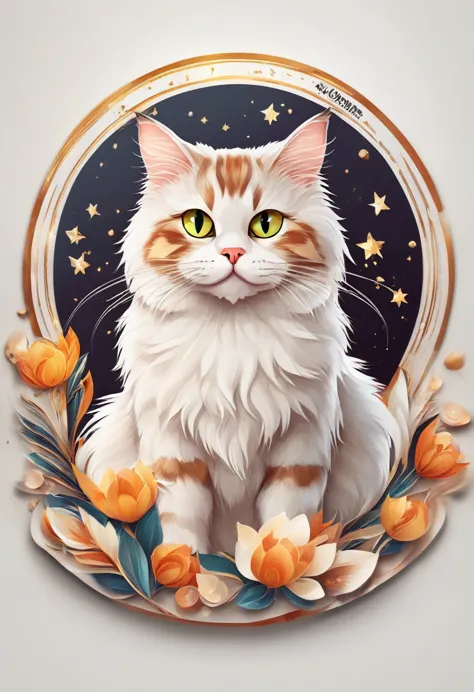 Um sticker circular com um gato da raça Kurilian Bobtail, with text "Kurilian Bobtail", vector art using Adobe Illustrator with ...