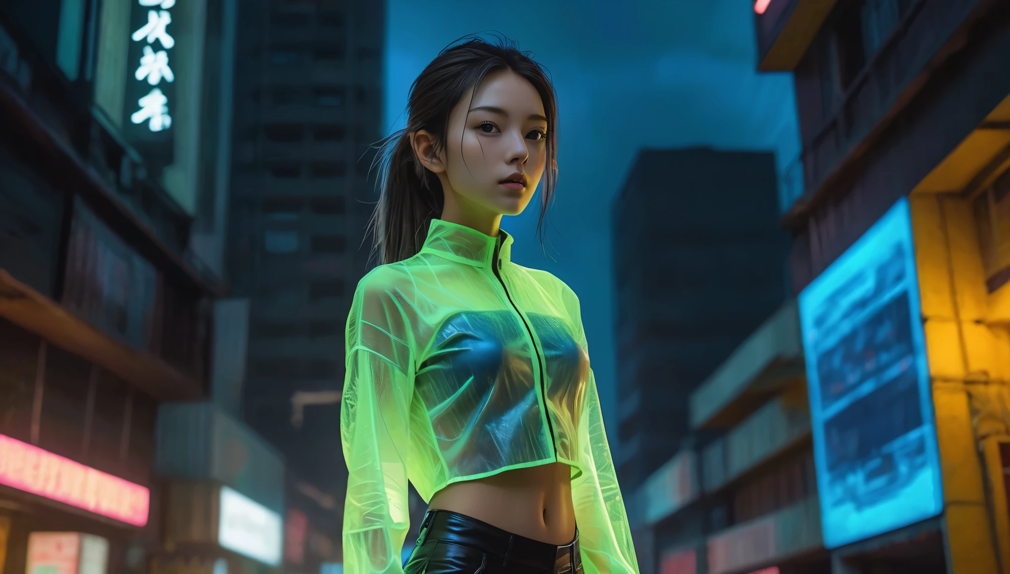 Top Quality, Masterpiece, High Resolution, 8k, (((cute skinny barely legal girl in oversized crinkle shirt and wetlook leggings, bare belly, wide neckline, deep neckline, small perky breasts, beautiful detailed eyes, beautiful detailed lips, small closed mouth, extremely detailed face, long ponytail hair, small hips))), cyberpunk apartment, moody atmosphere, dramatic and random neon colors, futuristic setting, intricate details, at night, backlit, full body shot, view from distance 