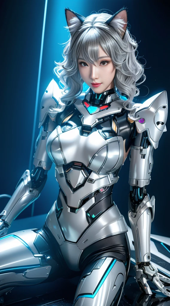 Jay super details, High Detail, high quality, best quality, High resolution，1 female robot，Beautiful female robot,beautiful clear face(Rain waves_haneame：1.5), cat robot，cat ear antenna，Learn how a cat crawls，Mechanical body(Smooth metal surface，armor，Mechanical seams of skin，beautiful body curves)，High-tech mechanical armor(silver，Mechanical Technology，Highlight breast contour)