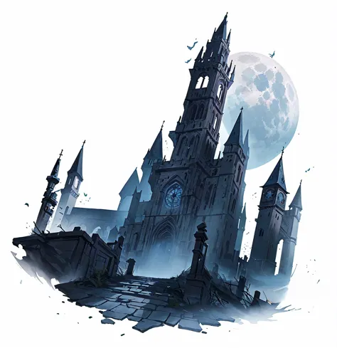 there is a castle，there is a clock tower and a full moon inside, bloodborne cathedral, gothic castle, william h.. pingpong, an e...