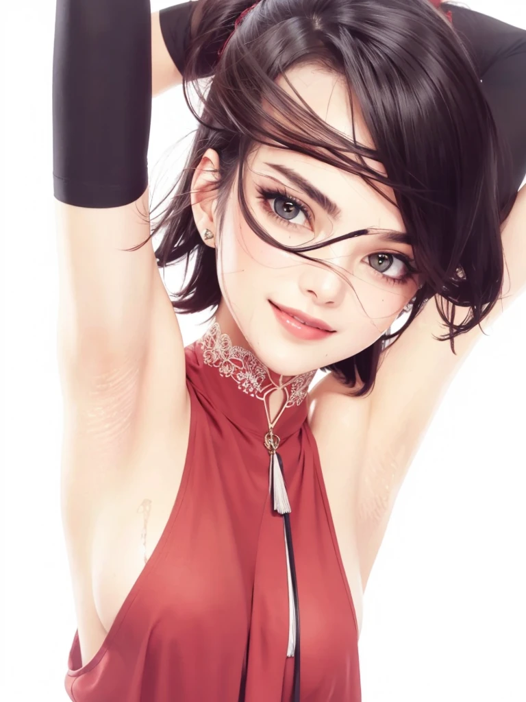 A beautiful girl, high quality, real details, color details, face details, eyes details, intricate details, smile face, smooth glowing skin, 3D image, medium contrast, cinematic lighting, realistic, masterpiece, 8K, thin face, right bangs hair, short hair with black color, black eyes, smiling, scream, pink mouth, red shirt, wet body, large breast size, 2 hands, 2 hands raised, smooth armpit, sexy, open your mount