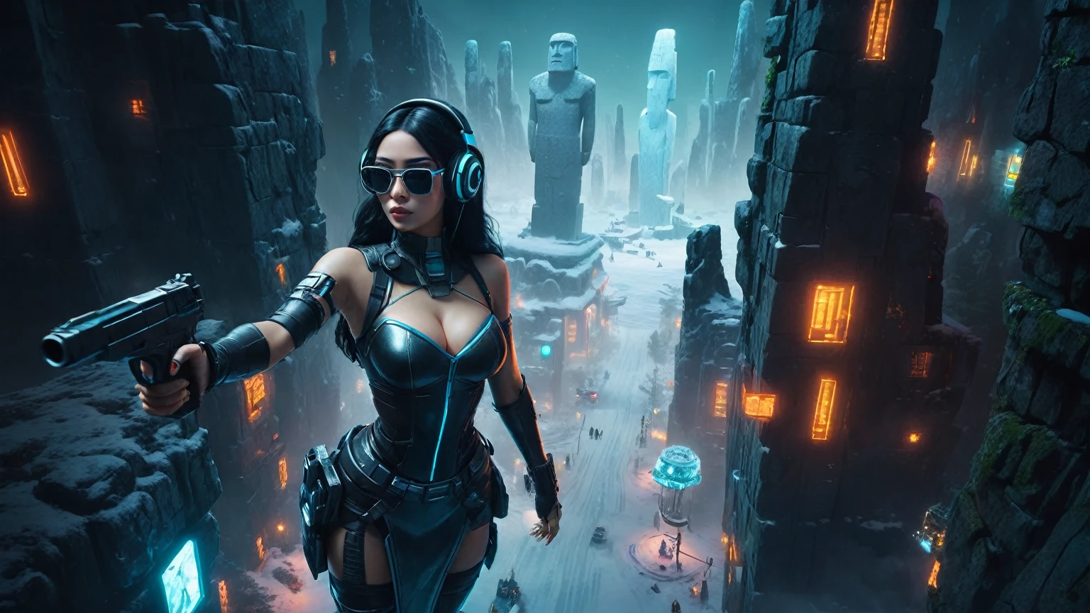 At night, dark sky, distant shot aerial view of fantasy cyberpunk style ice ((Moai-statue)) city in forest, ((flying vehicle)). ((1girl, solo, alone)), medium-breast:1.1 slim body, cleavage, sexy clothes, (headphone, black sunglasses, long black realistic hair), (((hip-up standing and holding pistol))), half-body thigh level medium shot, cinematic lighting.