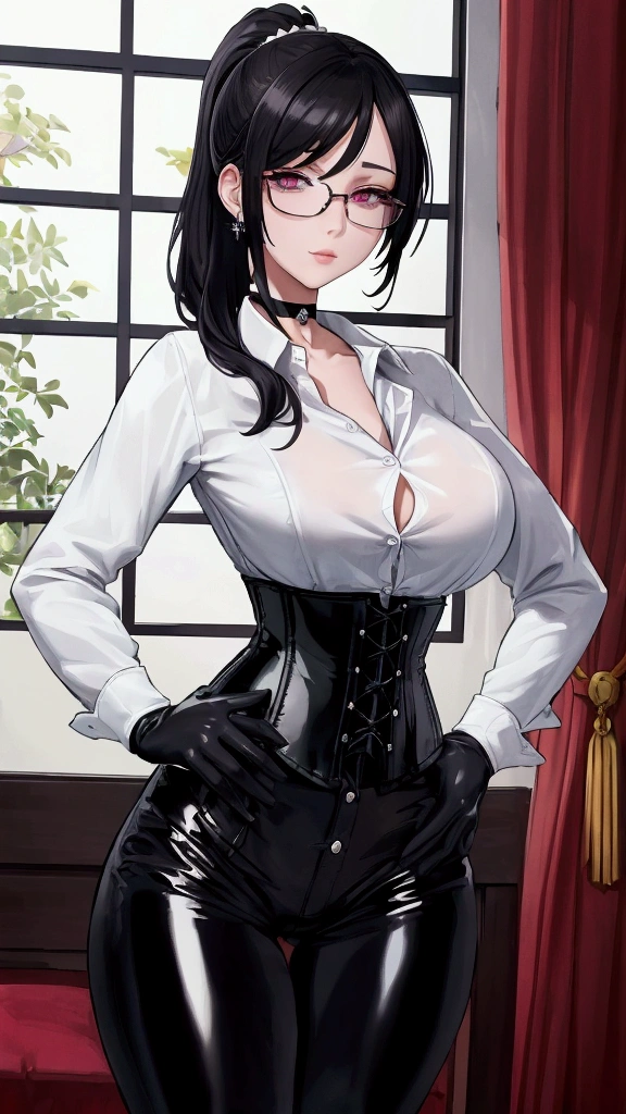 Masterpiece, Beautiful art, professional artist, 8k, Very detailed face, Detailed clothing, detailed fabric, 1 girl, View from the front, standing, hands on the hips, pose sexy, BIG BREASTS, perfectly drawn body, shy expression, pale skin, beautiful face, black hair short ponytail, 4k eyes, very detailed eyes, pink cheeks, glasses, choker:1.6, (white long sleeve button down shirt with white collar), black gloves, gloves that cover hands, (black leather corset), (shiny black leggings), Sensual Lips, show details in the eyes, Elegant living room, evening