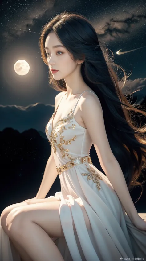 Close-up of a girl,gorgeous dress,sitting,on the moon,detailed background of the moon,Moon Goddess,Beautiful Celestial Mage,Good...