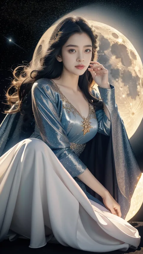 Close-up of a girl,gorgeous dress,sitting,on the moon,detailed background of the moon,Moon Goddess,Beautiful Celestial Mage,Good...