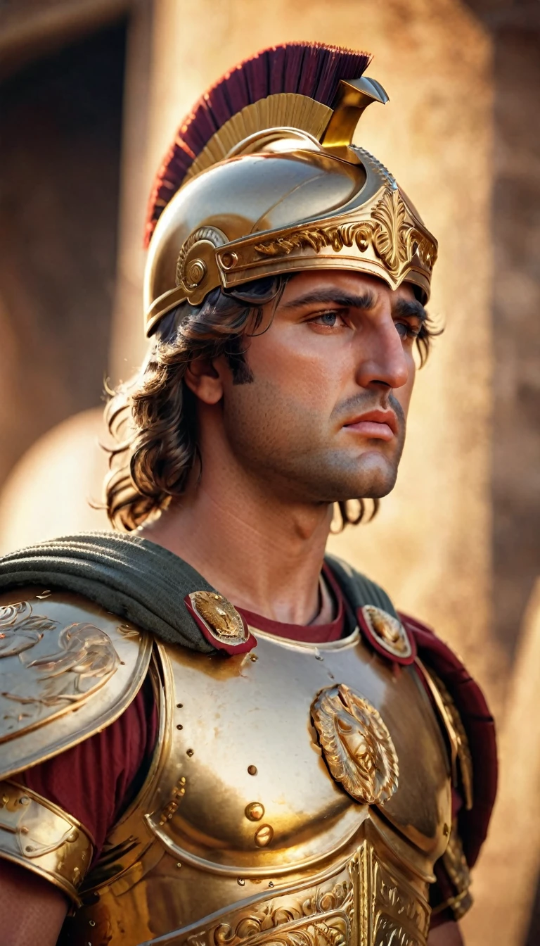 "صورة واقعية للإسكندر الأكبر, قائد عسكري يوناني قديم, يرتدي الدروع والخوذة المقدونية التقليدية, بتعبير محدد, مفصلة ودقيقة تاريخيا."


