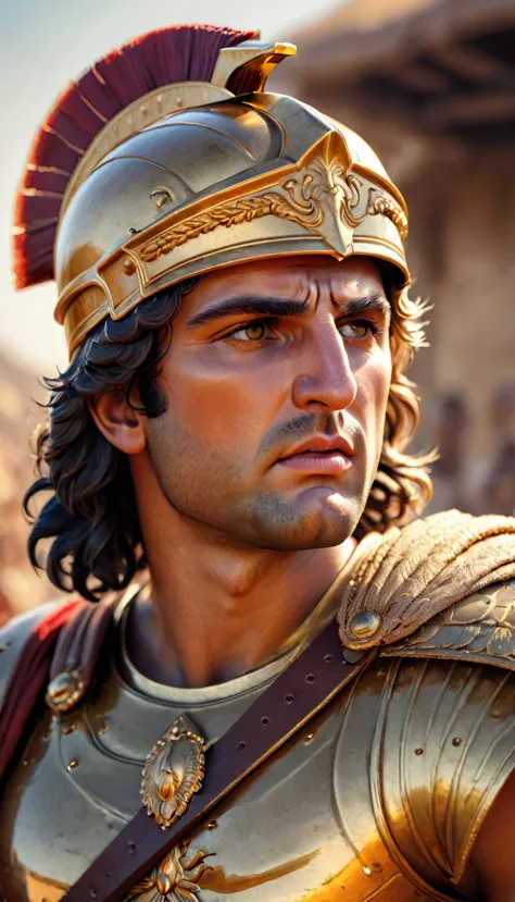 "realistic portrait of alexander the great, ancient greek military leader, wearing traditional macedonian armor and helmet, with...