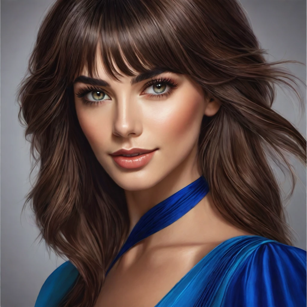 retrato preciso, mulher com barba bem aparada, peluda e desgrenhada, cabelo castanho médio longo com franja lateral, olhos castanhos hipnotizantes, Vestido de dançarina azul