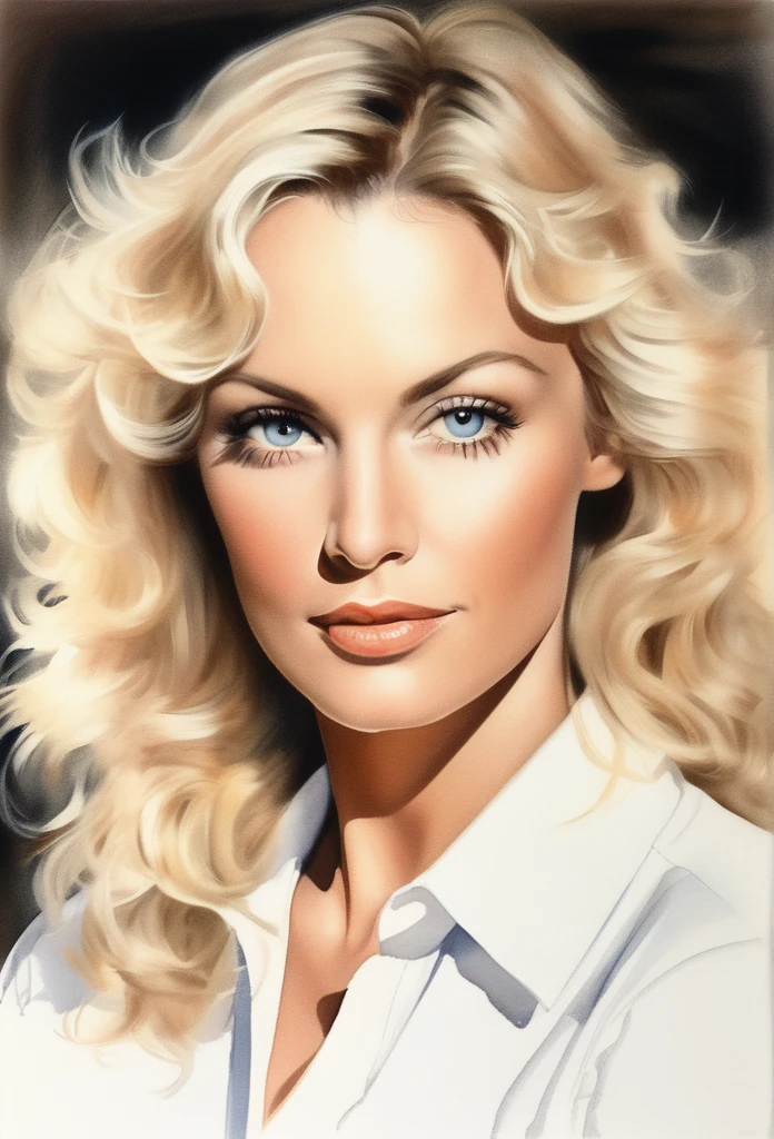 (MamieVanDoren)drawing of the face of a 35 year old woman,long curly blondehair,white satin shirt