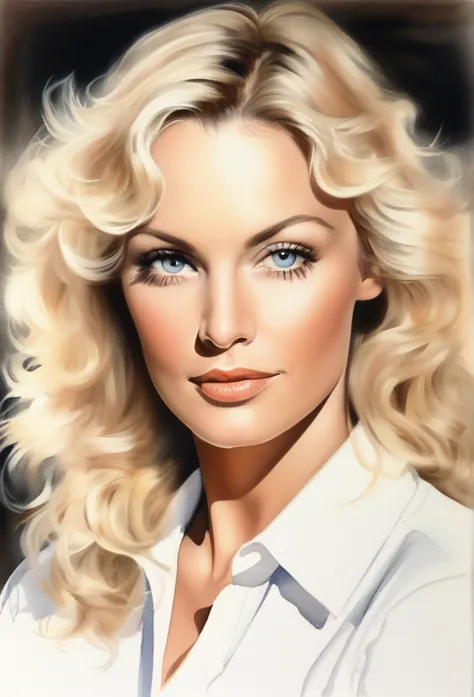 (mamievandoren)drawing of the face of a 35 year old woman,long curly blondehair,white satin shirt