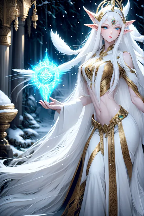 Snow Elf Queen with white hair feathers in hair clear to ice white eyes pale skin Elf elven woman ambassador
