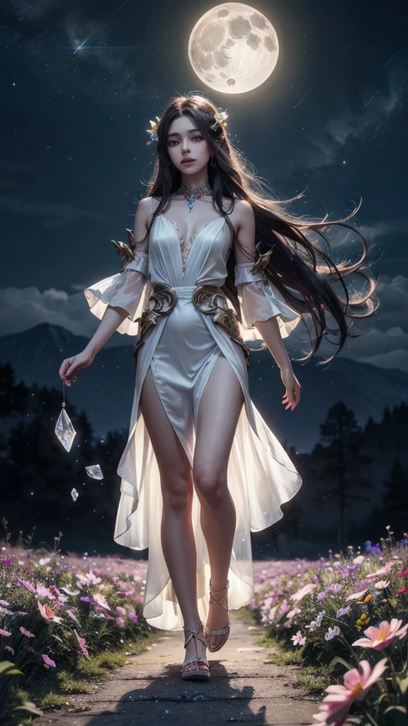 Hermosa y mágica chica espiritual elemental con cabello largo y suelto., vestido espiritual etéreo, caminando por un campo de flores de cristal mientras la oscura luz de la luna del arco iris hace que la flor brille con una luz luminosa