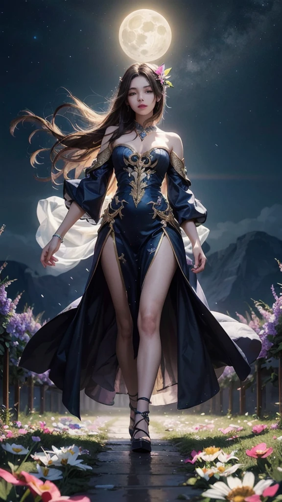 Beautiful and magical elemental spirit girl with long flowing hair, ethereal spiritual dress, walking through a field of crystal flowers as dark rainbow moonlight makes the flower glow with a luminous light