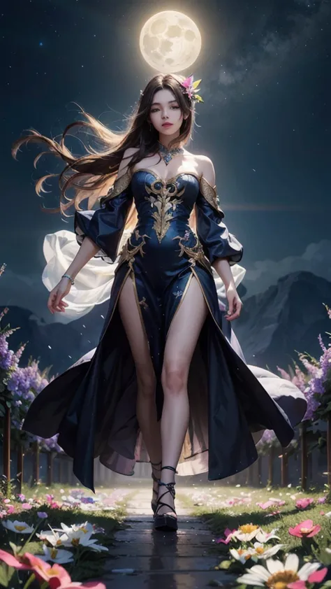 Beautiful and magical elemental spirit girl with long flowing hair, ethereal spiritual dress, walking through a field of crystal...