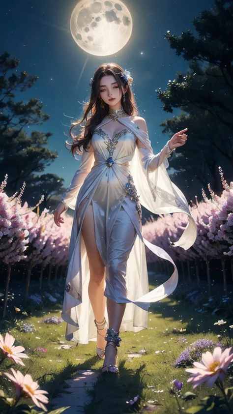 Beautiful and magical elemental spirit girl with long flowing hair, ethereal spiritual dress, walking through a field of crystal...