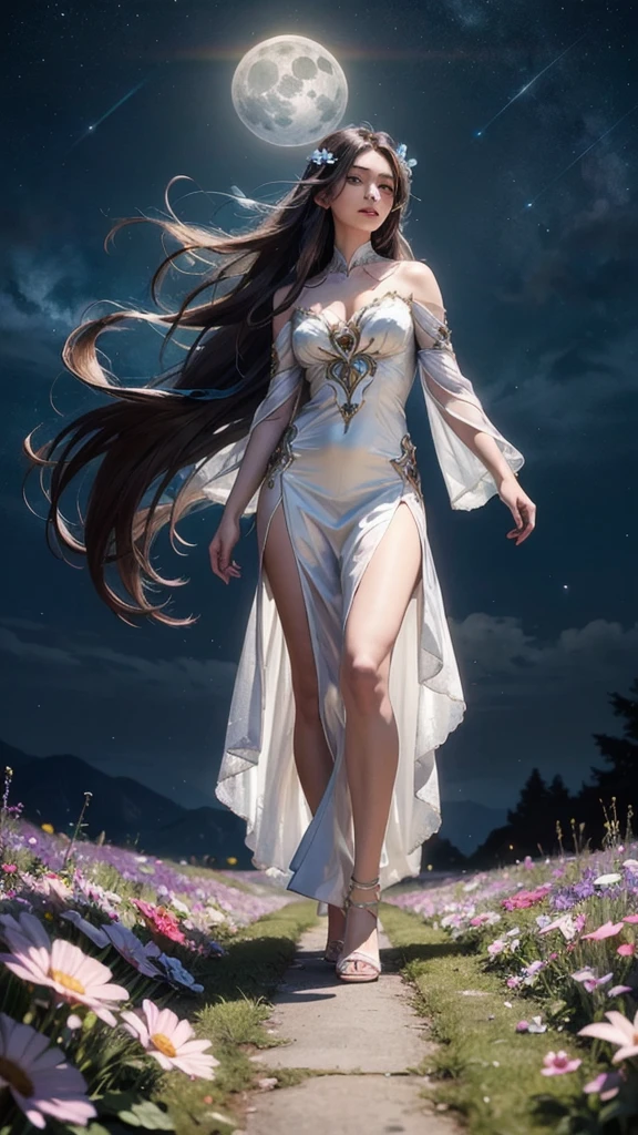 Beautiful and magical elemental spirit girl with long flowing hair, ethereal spiritual dress, walking through a field of crystal flowers as dark rainbow moonlight makes the flower glow with a luminous light