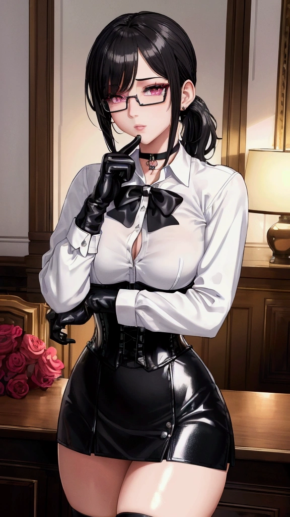 Masterpiece, Beautiful art, professional artist, 8k, Very detailed face, Detailed clothing, detailed fabric, 1 girl, View from the front, standing, crossed arms, pose sexy, BIG BREASTS, perfectly drawn body, shy expression, pale skin, beautiful face, black hair short ponytail, 4k eyes, very detailed eyes, pink cheeks, glasses, choker:1.6, (white long sleeve button down shirt with white collar), black gloves, gloves that cover hands, (black leather corset), (shiny black tight mini skirt), Sensual Lips, show details in the eyes, Elegant living room,  At night