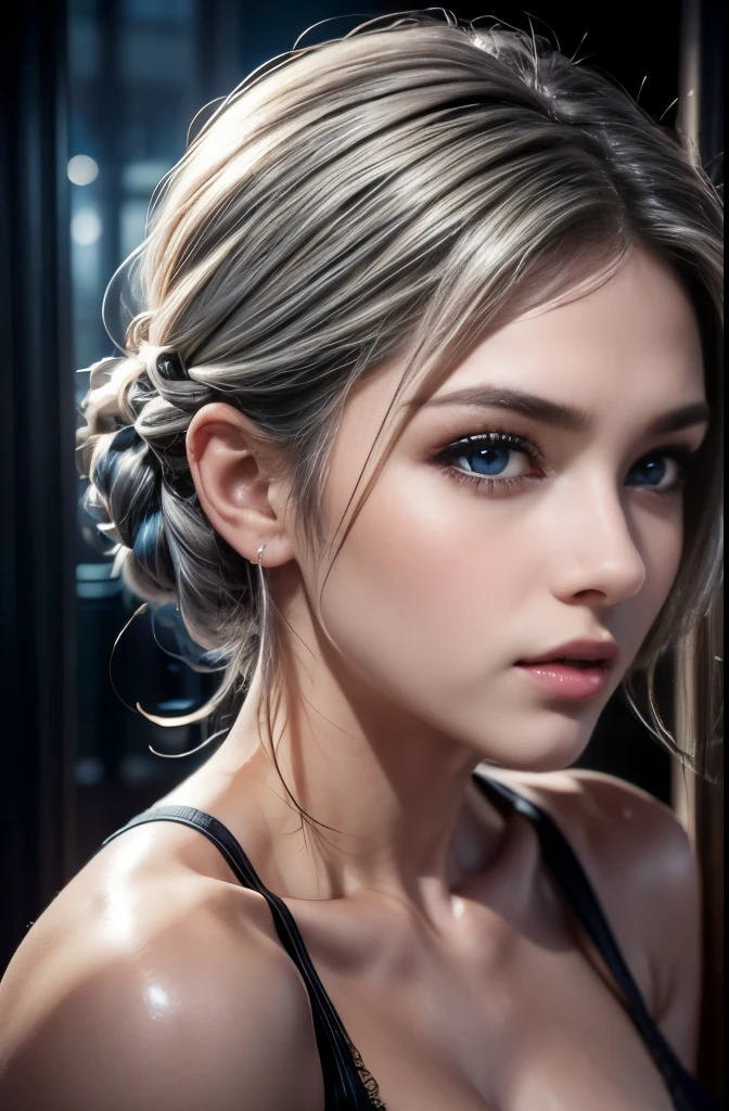 Ultra high definition, Gray Hair, girl, Upper Body, Profile picture, blue eyes, Long eyelashes, Soft lips,Lip gloss, Young, firm skin,Soft skin texture, beautiful, masterpiece, 8k Raw Photo:1.5, Professional Lighting, Depth of written boundary, 