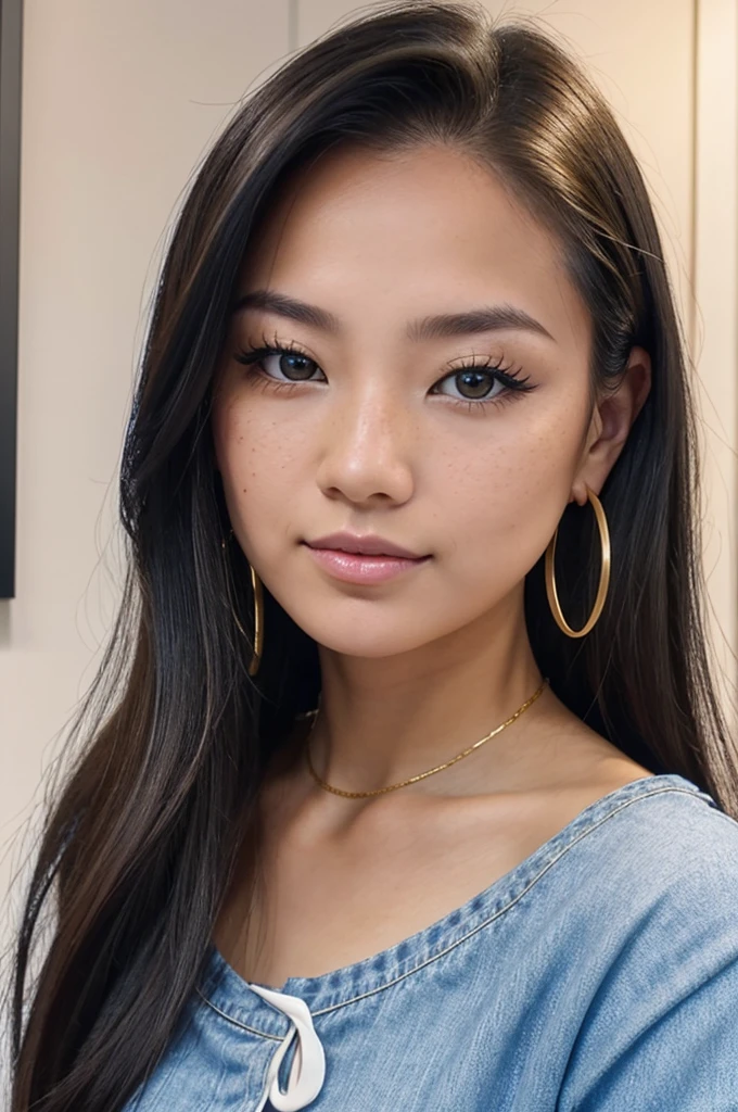 A young 19-year-old woman named Lila Nakamura with a japanese and Northern European heritage. She has thick dark black eyeliner, glossy lips, and a cute, endearing expression. She has straight, blonde hair with black highlights that falls just past her shoulders, styled in a neat and polished manner. Her eyes are almond-shaped with a light, striking blue color, accentuated by subtle eyeshadow and mascara. Her skin has a light tone with a natural, fresh look, and she has a few delicate freckles across her nose. She is wearing a simple, professional outfit, consisting of a white blouse and dark jeans, and accessorized with small gold hoop earrings. The background is a neutral studio setting with soft lighting to highlight her features.
