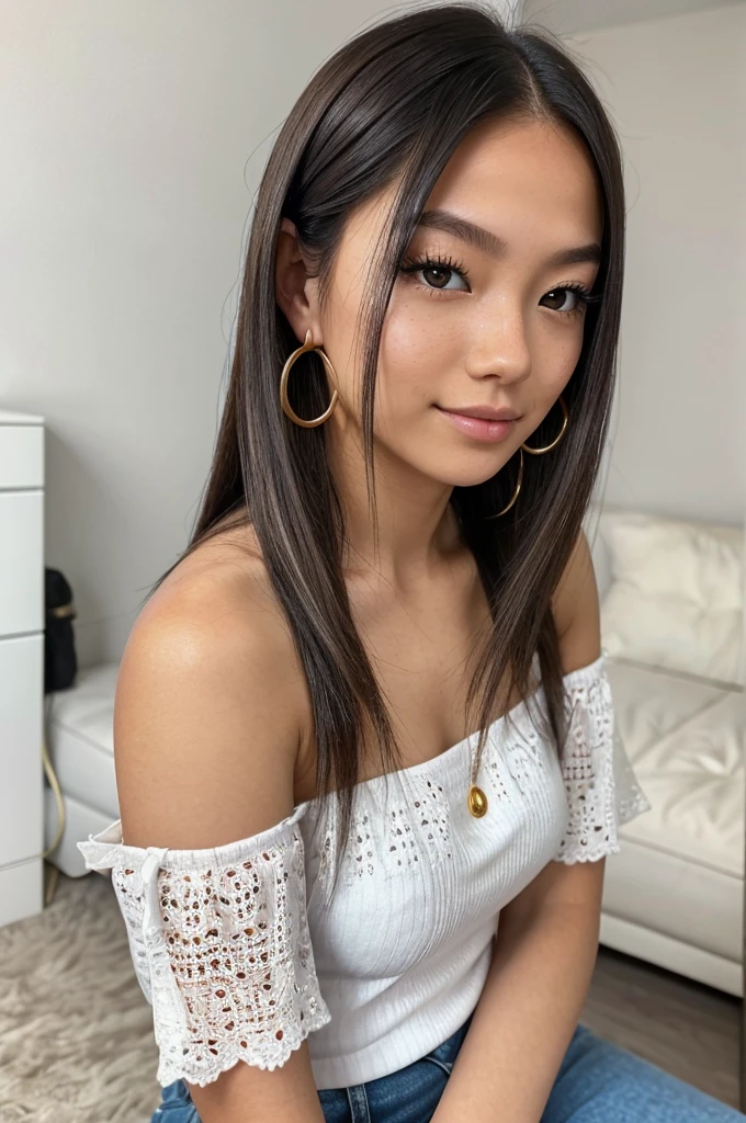 A young 19-year-old woman named Lila Nakamura with a japanese and Northern European heritage. She has thick dark black eyeliner, glossy lips, and a cute, endearing expression. She has straight, blonde hair with black highlights that falls just past her shoulders, styled in a neat and polished manner. Her eyes are almond-shaped with a light, striking blue color, accentuated by subtle eyeshadow and mascara. Her skin has a light tone with a natural, fresh look, and she has a few delicate freckles across her nose. She is wearing a simple, professional outfit, consisting of a white blouse and dark jeans, and accessorized with small gold hoop earrings. The background is a neutral studio setting with soft lighting to highlight her features.
