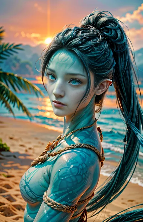 (1 woman, feminine build, blue skin, blue eyes, long dark blue hair, dark gray loincloth, sunset beach, hyper-realistic, photore...