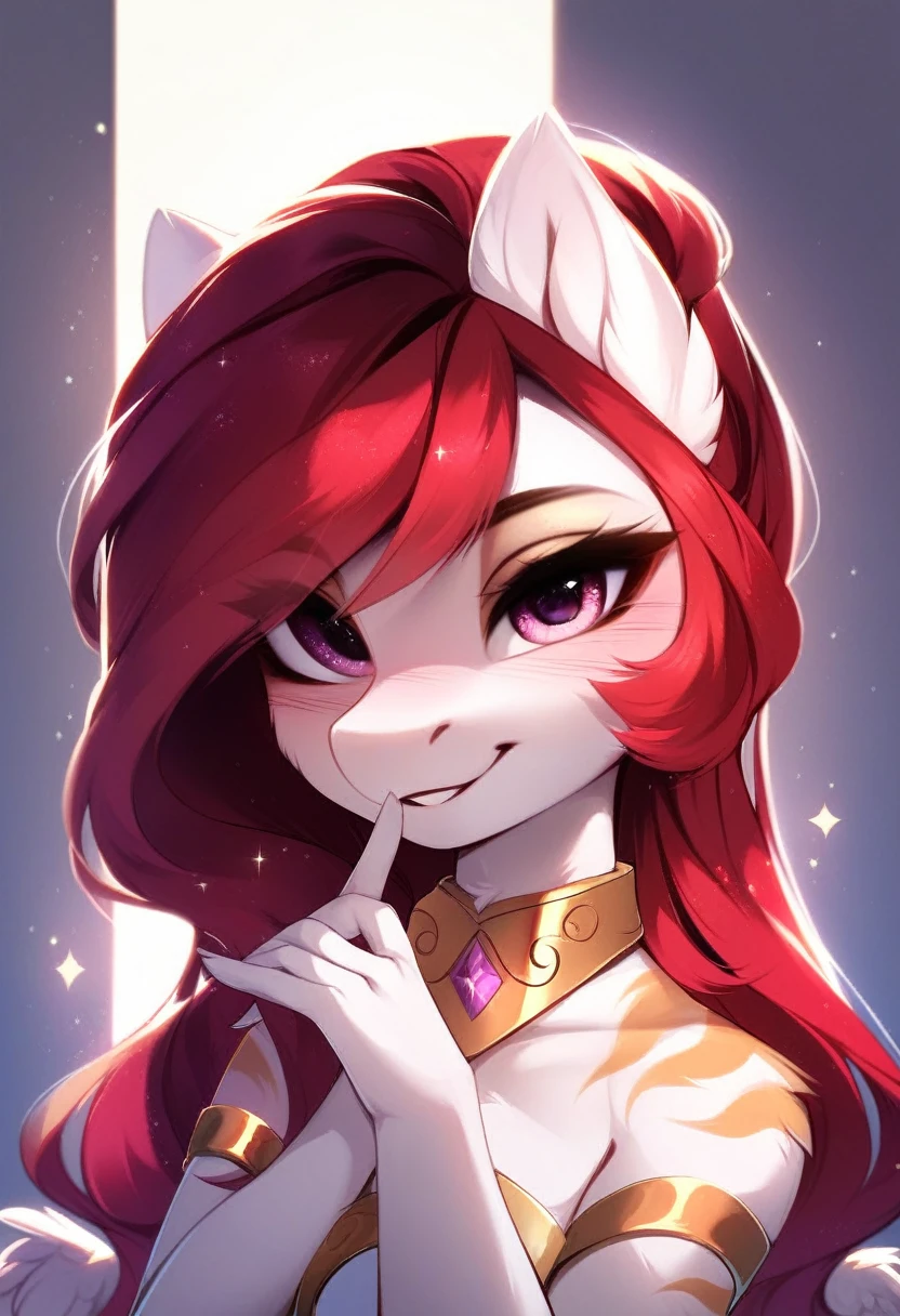 check_9, check_8_up, check_7_up, source_fluffy, rating_safe, from Magnaluna, Celestia poses seductively in a white bedroom, red mane with gold stripes, pink eyes, white body, anthro, blushing,  