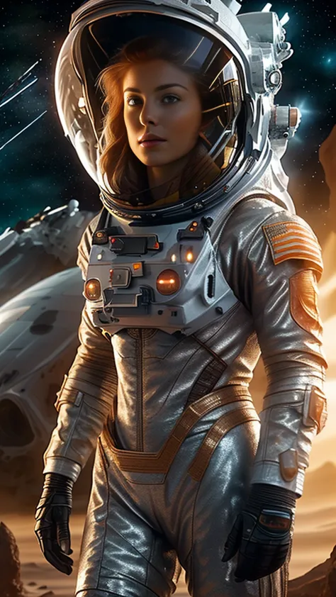 (masterpiece,a beautiful 25-year-old european redhead girl,ponytail hairstyle,solitary female astronaut,desolated planet landsca...