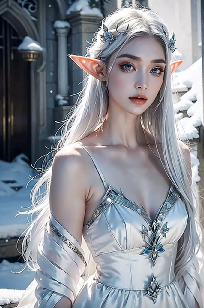 Female Elf with Ice white eyes, Wearing a silk gown entirely covering her body is a Snow Elf ambassador with white hair and feathers in her hair clear to ice white eyes pale skin Elf elven woman ambassador
