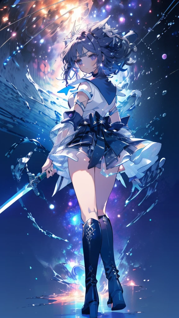 (full body),Sailor Saturn, purple Sailor collar, Sailor collar, Sailor Warrior Uniforms,Elbow Handbag，Braided knee-high boots，Gold tiara on forehead, Tomoe Hotaru, space, silence_sword,, (masterpiece:1.2), (Highest_quality:1.2), (Ultra_detailed:1.3), 8K, very_clear, Breaking Dynamic Shots，Kung Fu Pose，Highestquality, High resolution, ユニティ 8K 壁紙, (shape:0.8), (Beautiful and fine grain:1.6), verydetailedな顔, Perfect Sentence, detailedなCG, (Perfect hands, Perfect Anatomy),Thick thighs, Place one hand on hip，Dynamic Angle, (From behind,I had already finished, Remember),