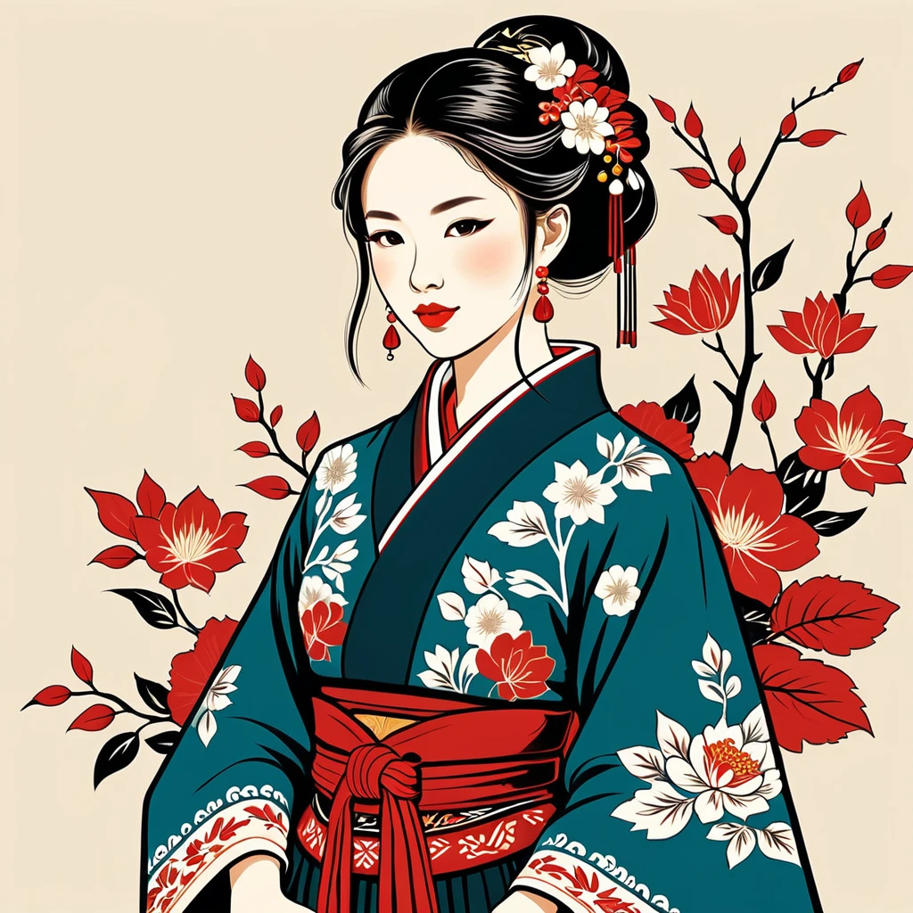 japanese woman in folk outfit, vector graphics, strong contours
