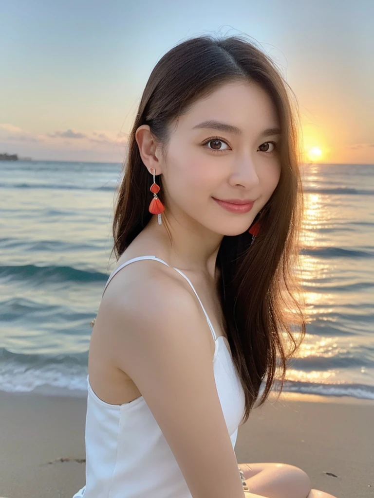 scene at the beach bar, (((only 1 woman))), (highest quality, 8K, ​masterpiece :1.3), pretty woman sitting at the beach bar,
keen focus, Bewitching, friendly, whole upper body, full upper body portrait,
16yo, 1 person, (Half Japanese and half Russian）, Beautiful actress face, 
Smooth body :1.3, exemplary body shape:1.5, Perfect style：1.4, subtle smile, casual, sitting on a tropical beach bar at sunset, side view
, pretty colorful feather earrings, award winning foto, trending on artstation, 16k resolution, intricate details, masterpiece, beach bar
