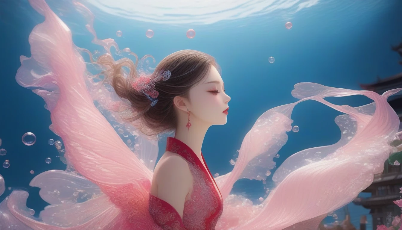 1 Girl, Solitary, Under the Deep Sea, Beautiful Inner Glow；Wearing pink Chinese clothing，Fairy the same，underwater dance；dancer；pink water，金色的bubble； Deep Shadows, Extraordinary details, bubble, spark, Sun streaks, seabed, dark, whole body, swirl, Blu-ray, Embed:Average runoff, masterpiece, high quality, 4K