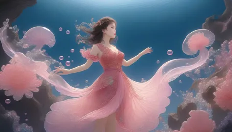 1 girl, solitary, under the deep sea, beautiful inner glow；wearing pink chinese clothing，fairy the same，underwater dance；dancer；...