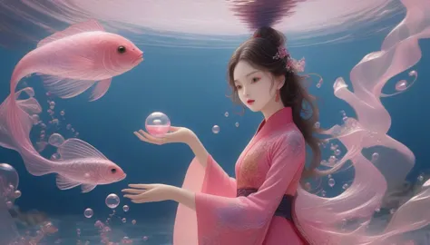 1 girl, solitary, under the deep sea, beautiful inner glow；wearing pink chinese clothing，fairy the same，underwater dance；dancer；...