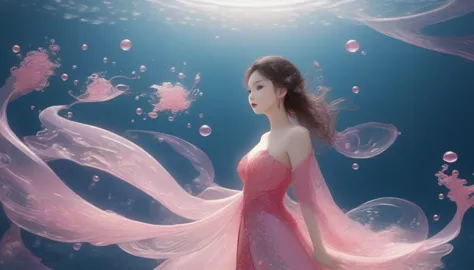 1 girl, solitary, under the deep sea, beautiful inner glow；wearing pink chinese clothing，fairy the same，underwater dance；dancer；...