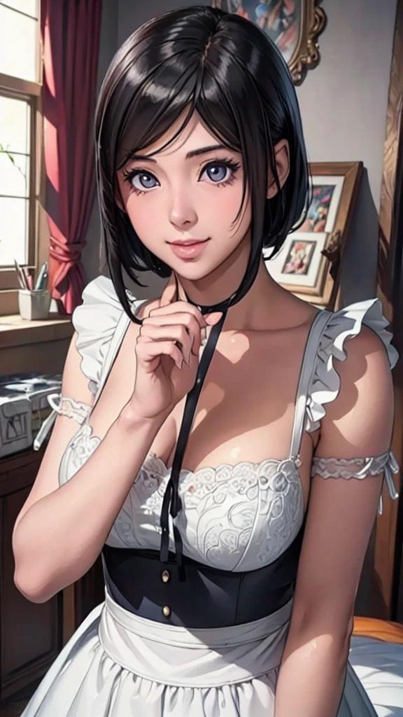 (Highest quality,4K,8K,High resolution,masterpiece:1.2),Super detailed,(Realistic,photoRealistic,photo-Realistic:1.37),Beautiful detailed portrait of a woman with big eyes, Fuller lips, Long eyelashes, Maid clothesを着て, A kind smile, Highly detailed face, Maid clothes, Intricate details, Vibrant colors, Dramatic lighting, Structure of the film, Anime-inspired art style