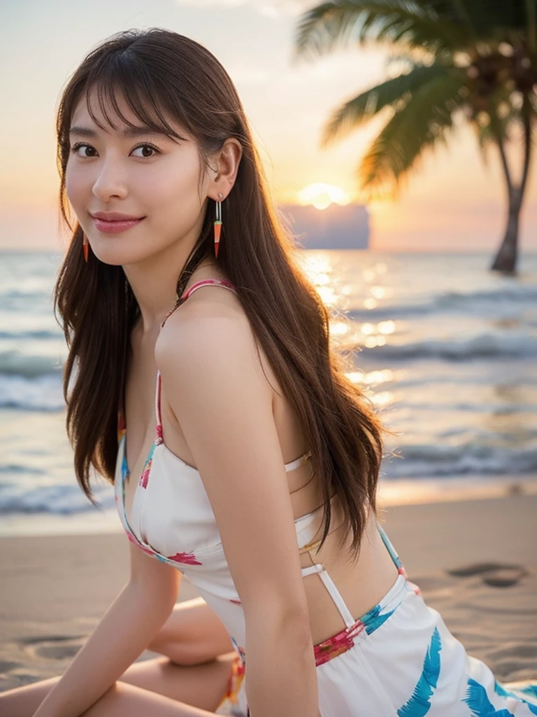 scene at the beach bar, (((only 1 woman))), (highest quality, 8K, ​masterpiece :1.3), pretty woman sitting at the beach bar,
keen focus, Bewitching, friendly, whole upper body, full upper body portrait,
16yo, 1 person, (Half Japanese and half Russian）, Beautiful actress face, 
Smooth body :1.3, exemplary body shape:1.5, Perfect style：1.4, subtle smile, casual, sitting on a tropical beach bar at sunset, side view
, pretty colorful feather earrings, award winning foto, trending on artstation, 16k resolution, intricate details, masterpiece, beach bar, drinking cocktail
