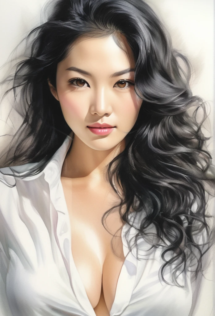 (Asian model)drawing of the face of a 35 year old woman,long curly black hair,big breasts,exposed cleavage,white satin shirt