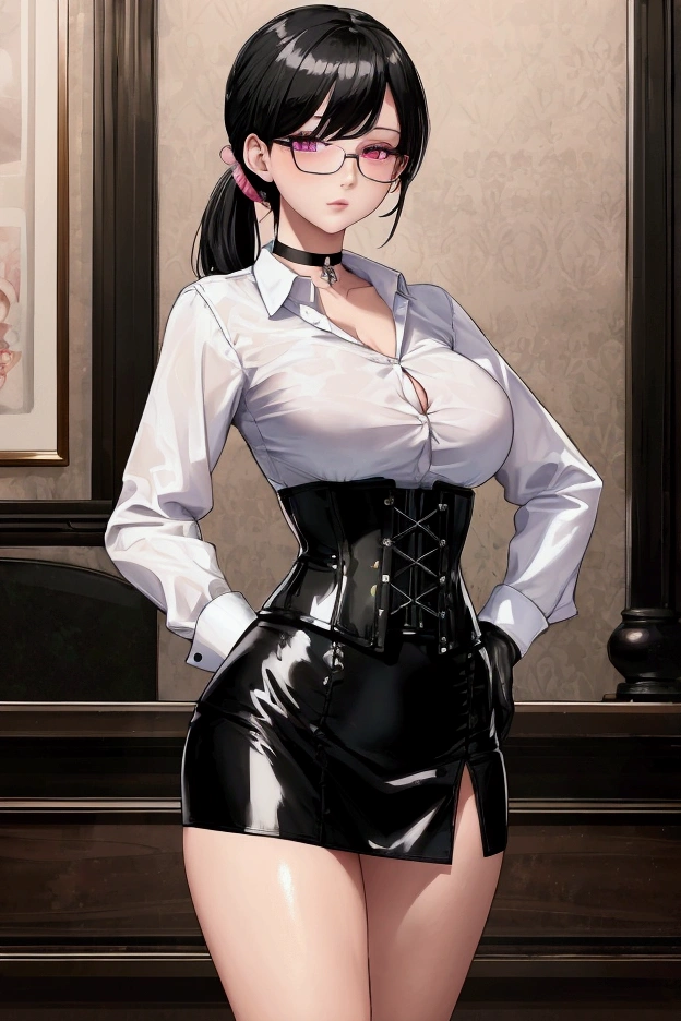 Masterpiece, Beautiful art, professional artist, 8k, Very detailed face, Detailed clothing, detailed fabric, 1 girl, View from the front, standing, hands on the hips, pose sexy, BIG BREASTS, perfectly drawn body, shy expression, pale skin, beautiful face, black hair short ponytail, 4k eyes, very detailed eyes, pink cheeks, glasses, choker:1.6, (white long sleeve button down shirt with white collar), black gloves, gloves that cover hands, (black leather corset), (shiny black tight mini skirt), Sensual Lips, show details in the eyes, Elegant living room,  At night
