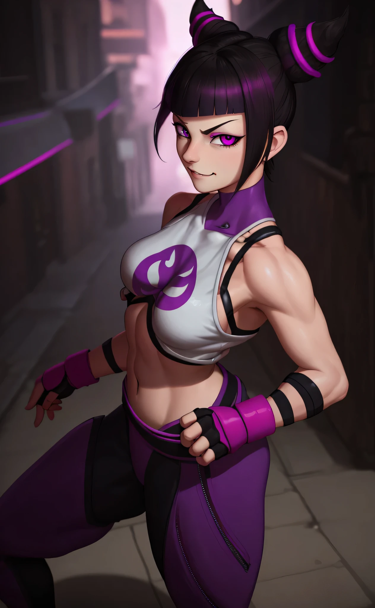 [juri], [battle outfit 1], [street fighter 5], ((masterpiece)), ((HD)), ((high res)), ((solo portrait)), ((waist up)), ((front view)), ((cartoon aethsthetic)), ((detailed shading)), ((cinematic lighting)), {(beautiful woman), (short black hair), (two-toned hair), (pink highlights in hair), [hair horns], (cute purple eye), (cute cyan eye), (heterochromia), (short eyelashes), (small boobs), (toned figure), (curvy hips), (smug smile)}, {(white duduo crop top), (underboob), (navel), (black yoga pants), (purple fingerless gloves)}, {(looking at viewer)}, [(ambient lighting), neon lights]