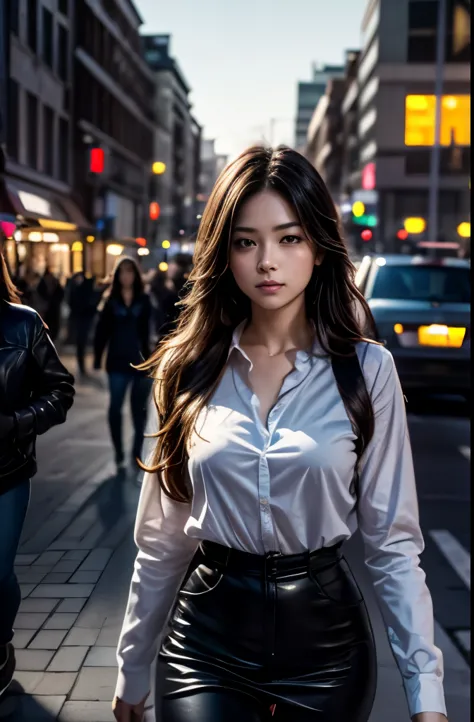 8k Raw Photo:1.5, Realistic:1.5, in the evening, The light is on, Street, transportation, crowd, Ultra high definition, Beautifu...